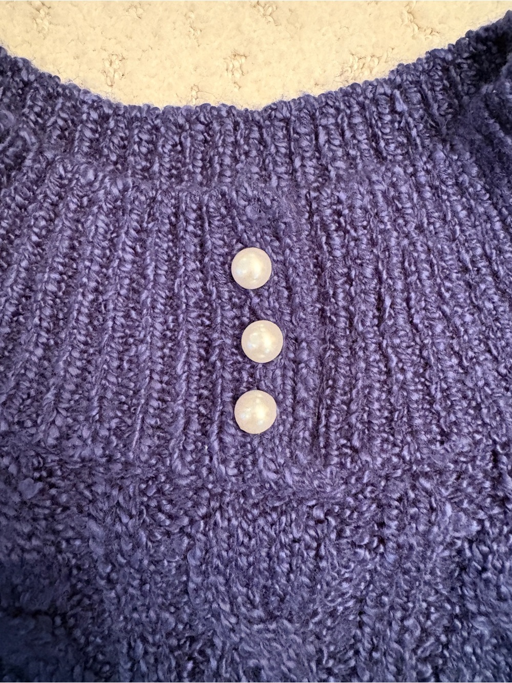 Vintage Blue Rough Cable Knit Sweater Size M Mock Neck With Faux Pearl Buttons - Picture 7 of 9